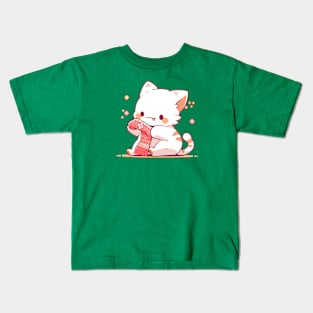 A tiny kitten making a Christmas sock Kids T-Shirt